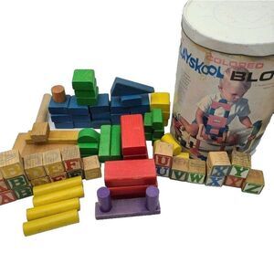Vintage Playskool Wood Colored Blocks 1960s Canister Preschool 84 Pieces